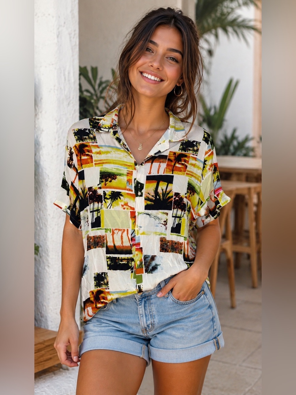 Hawaiian Beach Photos Button Shirt Vintage Photograph Palm Tree Summer cruise